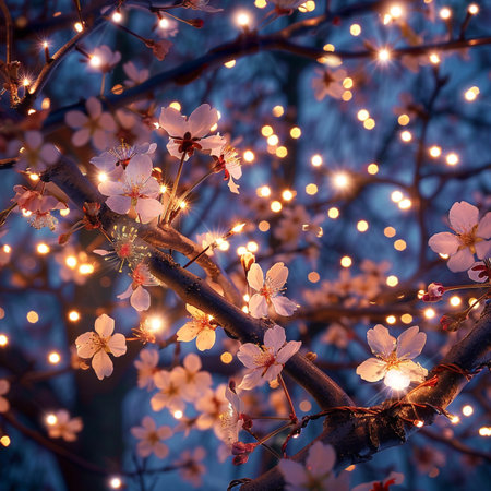 Bokeh lights on the branches of a blossoming tree.の素材