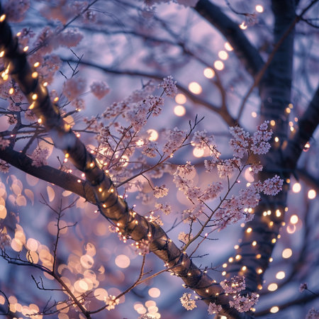 Cherry blossoms in full bloom with glowing garland at nightの素材