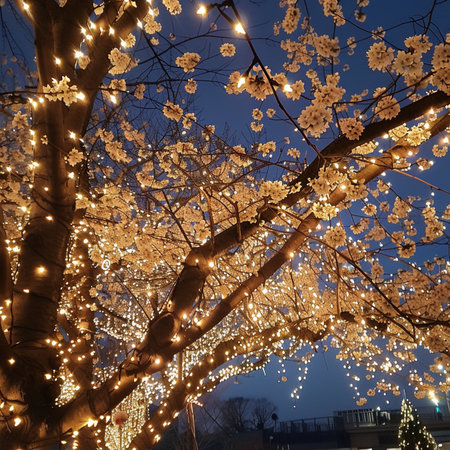 Cherry blossoms and garlands in the city park at night.の素材