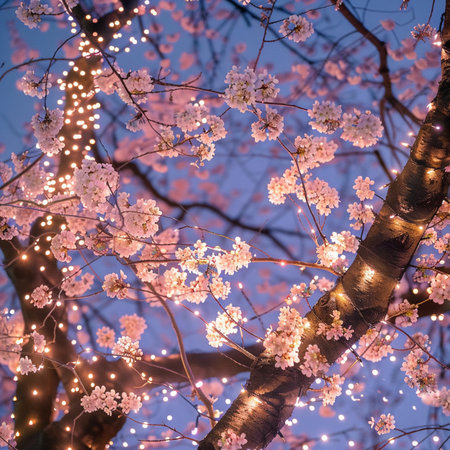 Cherry blossoms in full bloom with glowing garland at nightの素材