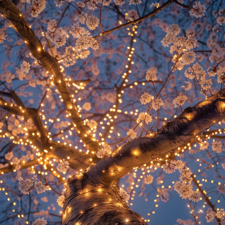 Cherry blossoms in full bloom with glowing garland at nightの素材