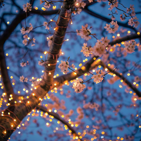 Cherry blossom tree with bokeh lights at night.の素材