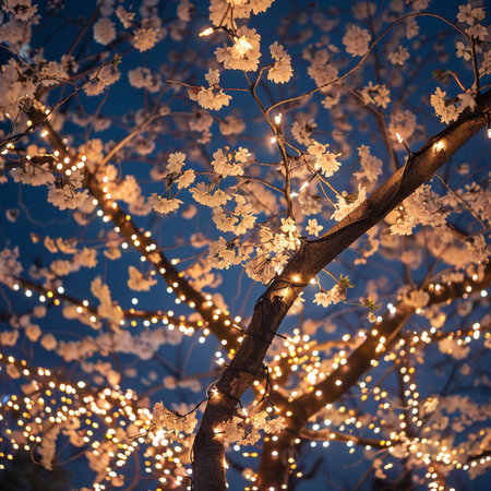 Cherry blossoms in full bloom at night in the park.の素材