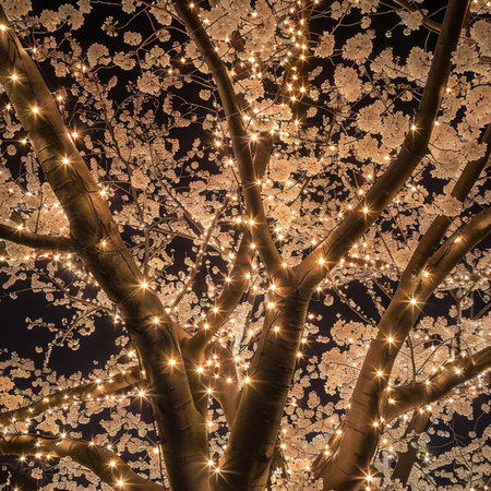 Cherry blossoms in full bloom with glowing garland on the branchesの素材