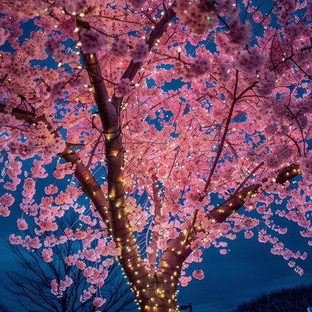 Cherry blossoms in full bloom at night, Tokyo, Japanの素材