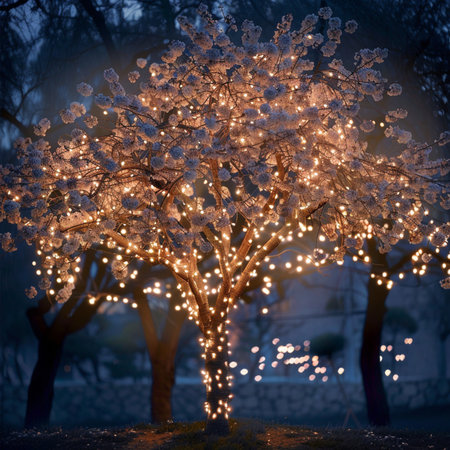 Frosty tree in the park at night with garland lightsの素材