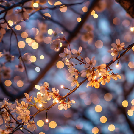 Cherry blossom tree branch with bokeh lights background.の素材