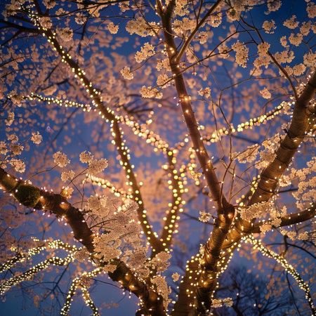 sakura tree with garland at night in winter. filtered imageの素材