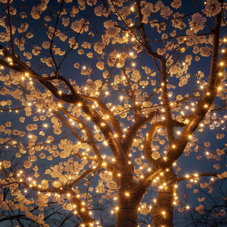 sakura tree with glowing garland on the background of the night skyの素材