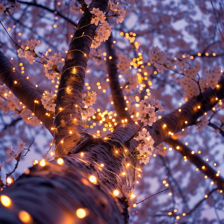 Branch of a blossoming tree with a garland of led lights.の素材