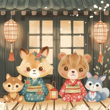 Cute cartoon fox and bear in korean traditional costume on the porch of the house.の素材