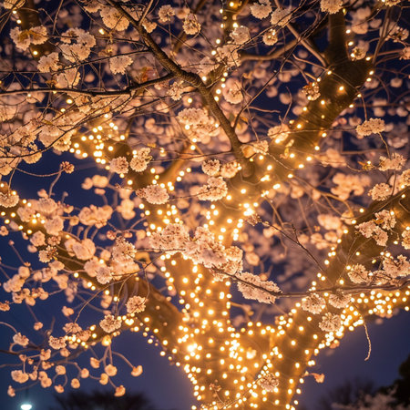 Cherry blossoms in full bloom at night in Tokyo, Japan.の素材