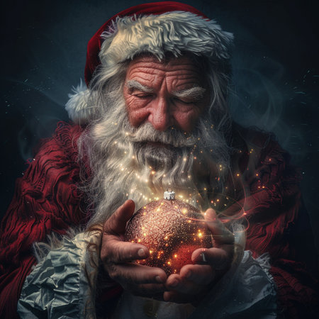 Santa Claus holding a Christmas ball in his hands on a dark backgroundの素材