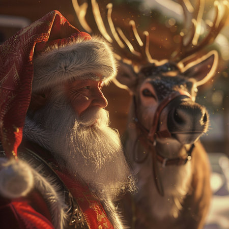 Santa Claus with reindeer in the village at Christmas time.の素材