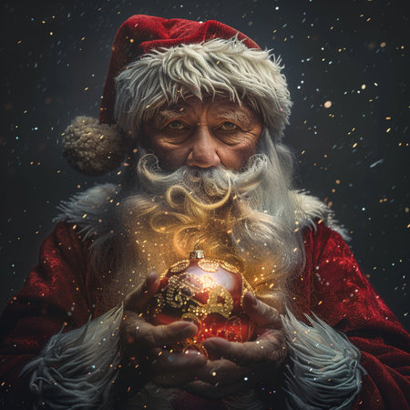 Portrait of Santa Claus holding a Christmas ball in his hands.の素材