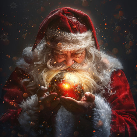 Santa Claus with christmas ball in his hands on a dark backgroundの素材