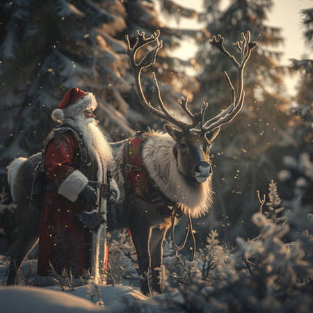 Santa Claus and reindeer on the background of winter forest.の素材