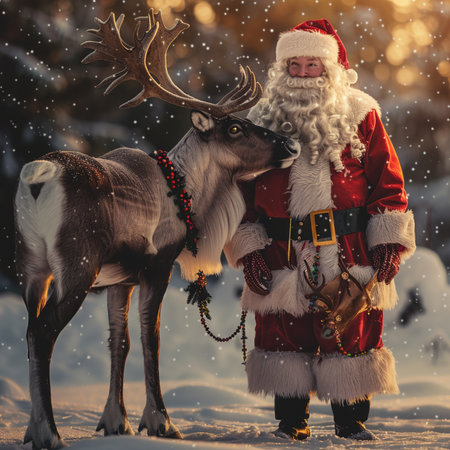 Santa Claus with reindeer in winter forest. Christmas concept.の素材