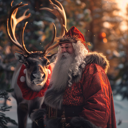 Santa Claus with reindeer on the background of a winter forestの素材