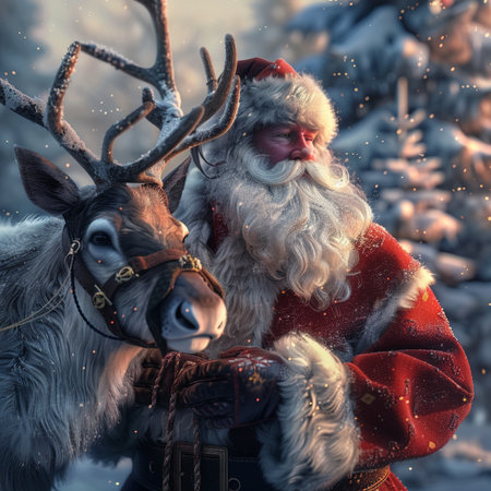 Santa Claus with reindeer in the forest. Christmas background.の素材