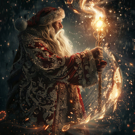 Santa Claus with a burning torch in his hands. Christmas theme.の素材