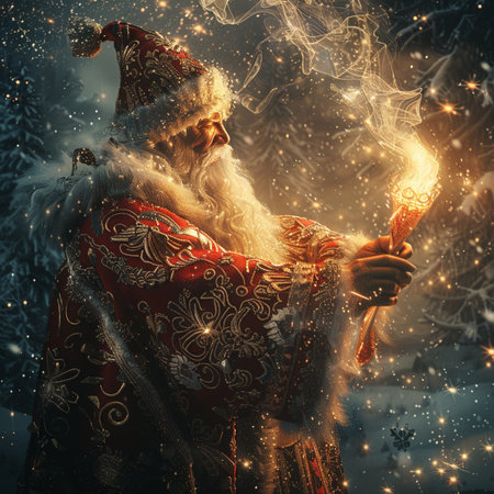 Santa Claus with a burning torch in his hand. Christmas background.の素材