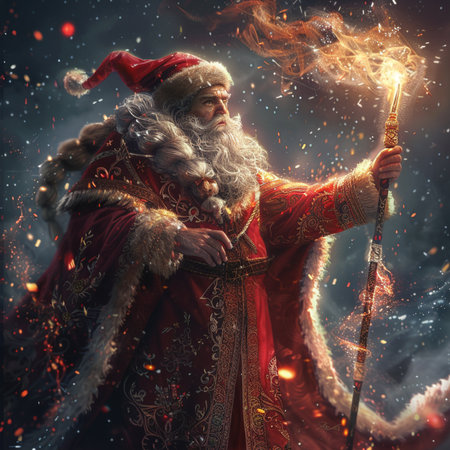 Santa Claus with a burning stick in his hand. Christmas theme.の素材