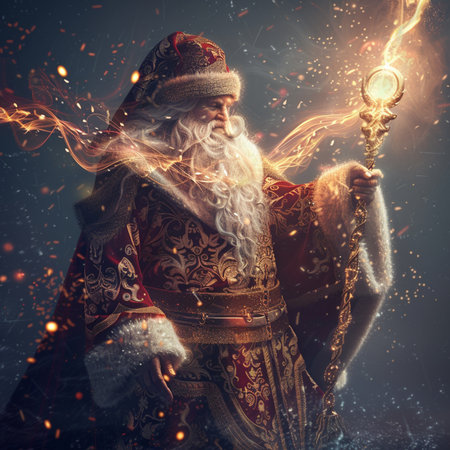 Santa Claus with a burning torch in his hand on a dark background.の素材