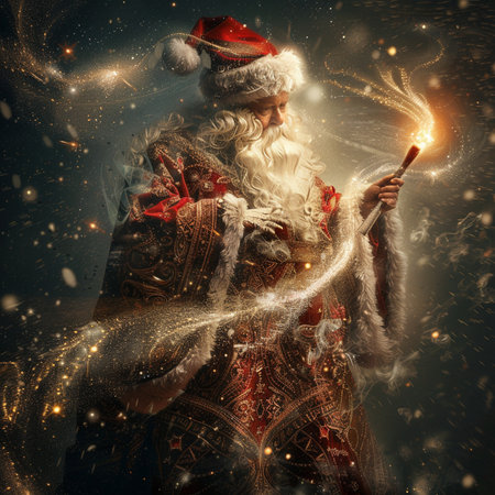 Santa Claus with magic wand in his hand on a dark background.の素材