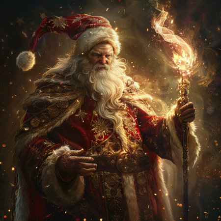 Santa Claus with a burning torch in his hands. Christmas theme.の素材