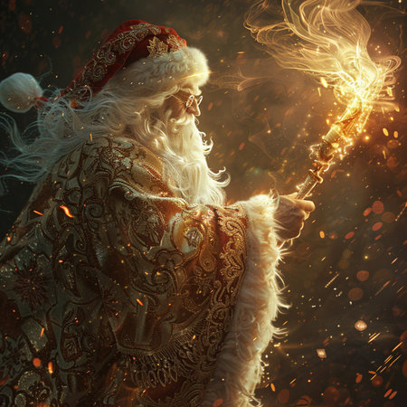 Portrait of Santa Claus with a burning torch in his hands.の素材