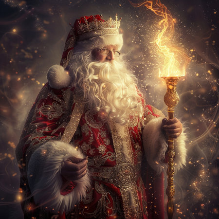 Santa Claus with a torch in his hands on a dark background.の素材