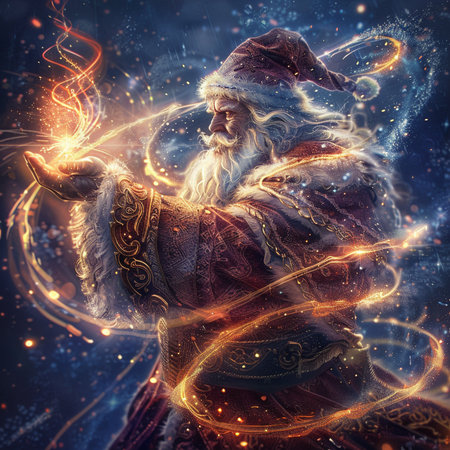 Santa Claus with a magic wand in his hand. Christmas background.の素材