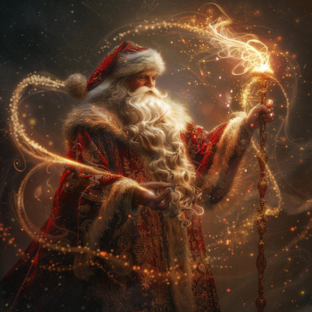 Santa Claus with magic wand in his hands on a dark background.の素材