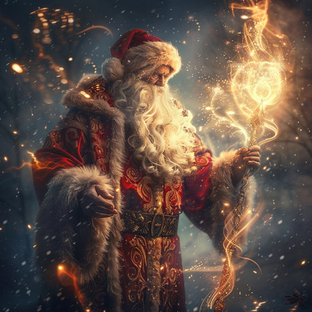 Santa Claus in a red fur coat holds a burning garland in his hands.の素材