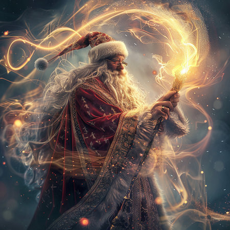 Santa Claus with a magic wand in his hands. Christmas concept.の素材