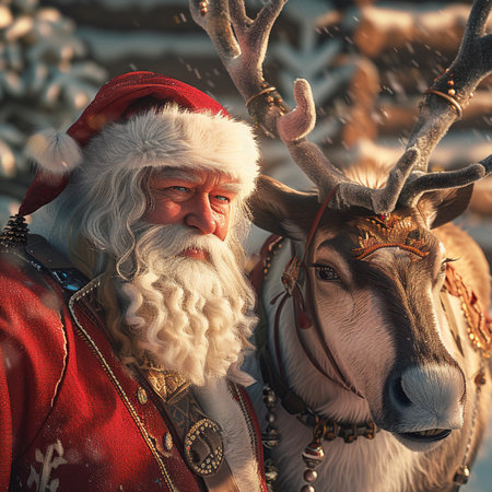 Santa Claus with reindeer on the background of snowy forest.の素材
