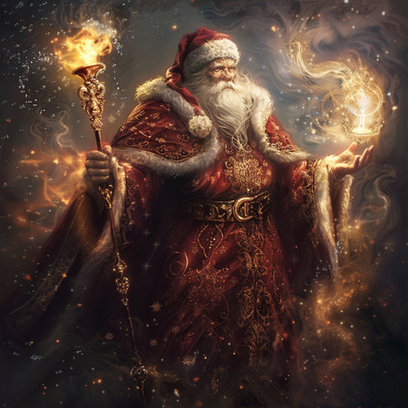 Santa Claus with a burning torch in his hand. Christmas card.の素材