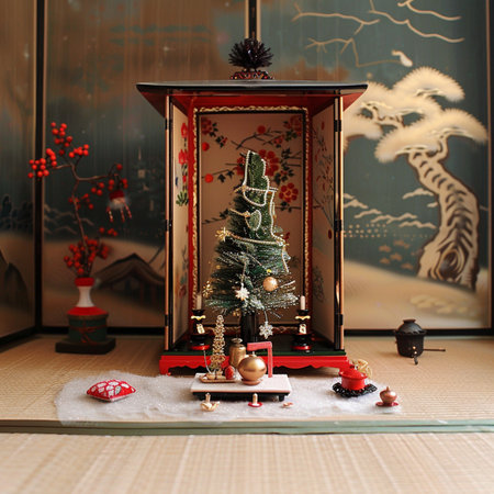 Christmas tree with decorations in front of the window. Christmas background.の素材
