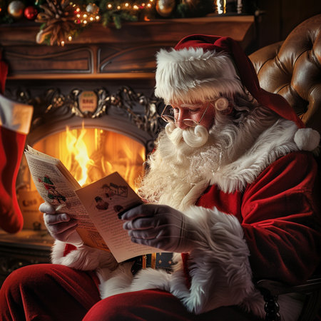 Santa Claus reading a book by the fireplace at home. Christmas.の素材