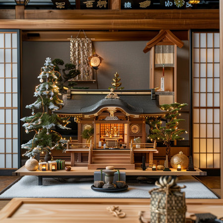 Japanese-style house with christmas tree and decoration in the roomの素材