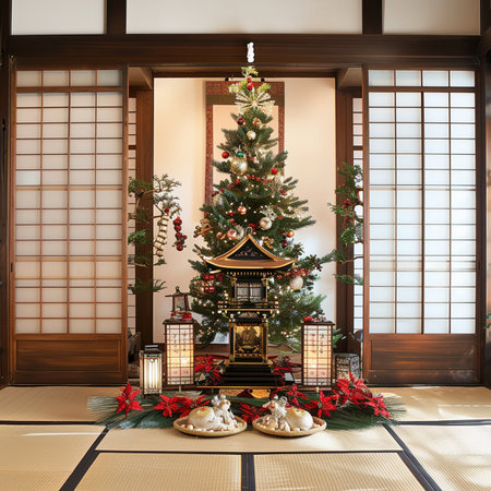 3D rendering of a Japanese-style room with a Christmas treeの素材