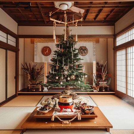 Japanese-style dining room with a Christmas tree in the background.の素材