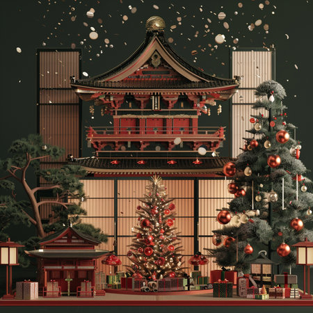 Illustration of a Japanese temple with christmas tree and gifts.の素材