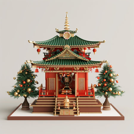 3d illustration of chinese temple with christmas tree on gray backgroundの素材