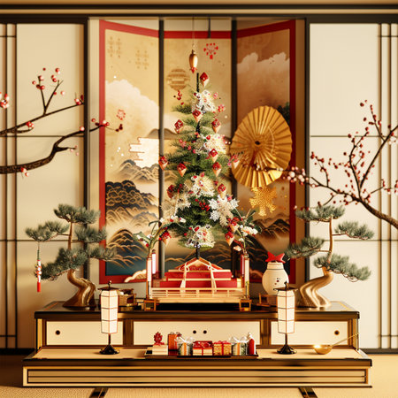 3D illustration of a Japanese-style room with a Christmas tree and giftsの素材