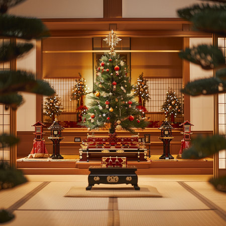 3d render of a japanese room with christmas treeの素材