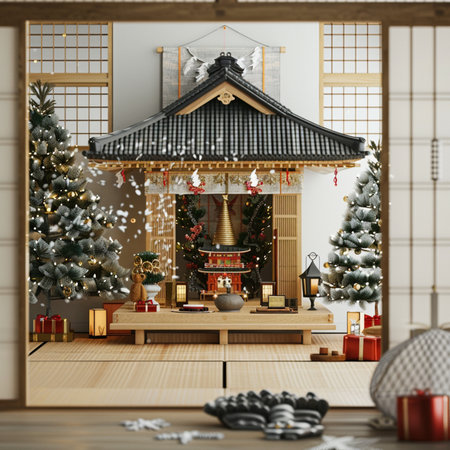 3d rendering of a Japanese style room with christmas tree and fireplaceの素材
