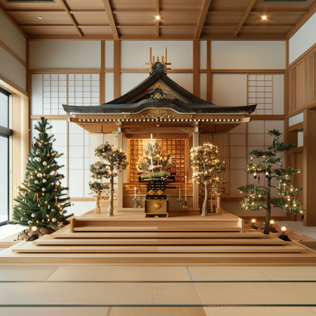 3d rendering of a japanese temple with christmas treeの素材