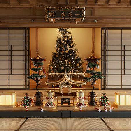 3D rendering of a traditional Japanese room decorated for Christmasの素材